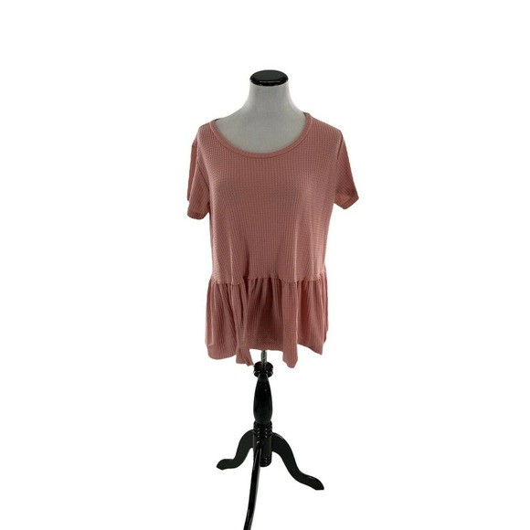 Entro Blouse Womens L Short Sleeve Waffle Knit Ruffled Hem Casual Feminine Boho - Picture 3 of 9